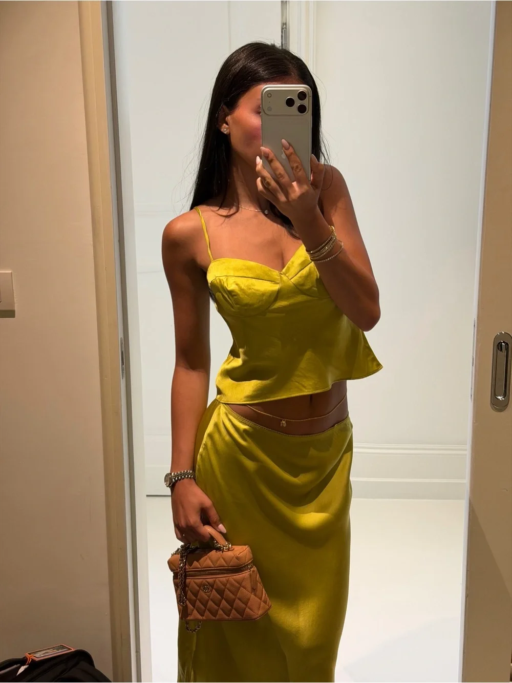 Reformation Satin Midi Skirt and Cami Set in Chartreuse